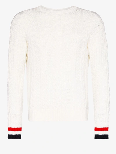 Shop Thom Browne White Aran Cable Crew Neck Pullover