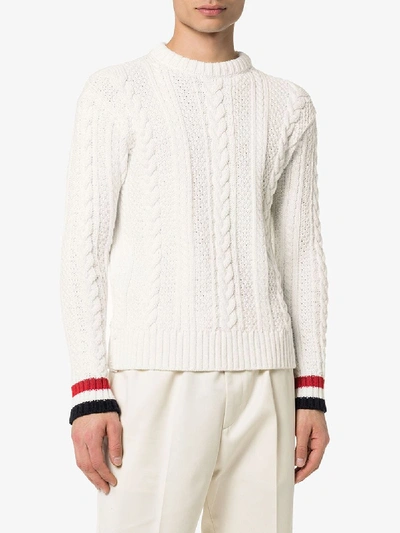 Shop Thom Browne White Aran Cable Crew Neck Pullover