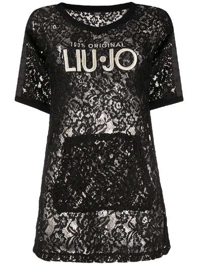 Shop Liu •jo Kangaroo-pocket Lace T-shirt In Black