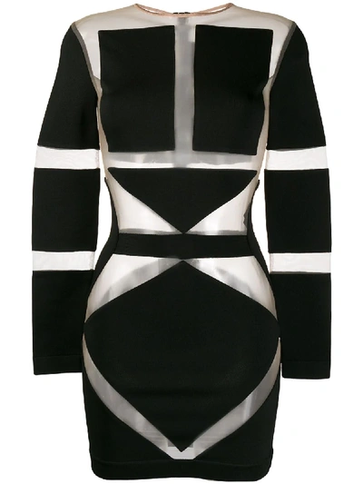 Shop Balmain Geometric Mesh Mini Dress In Black