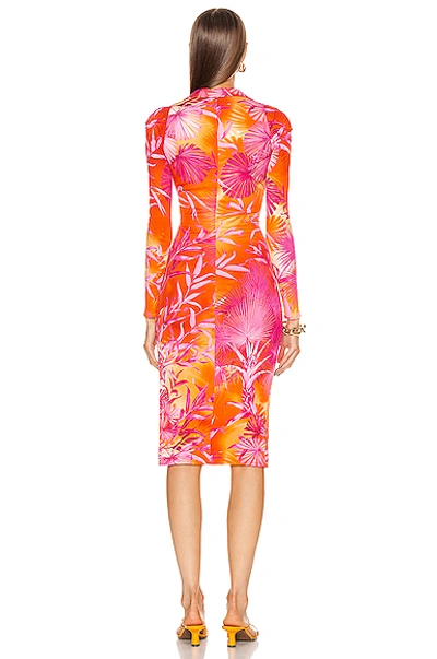 Shop Versace Palms Long Sleeve Midi Dress In Fuchsia & Orange