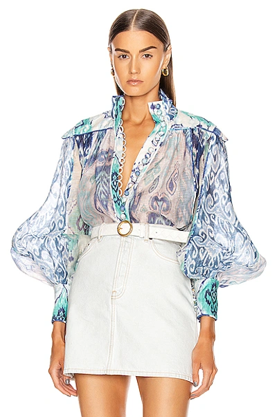 Shop Zimmermann Glassy Long Sleeve Blouse In Spliced Blue Ikat