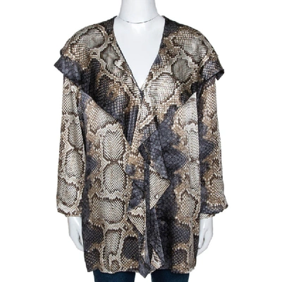 Pre-owned Roberto Cavalli Grey Snake Print Silk Satin Ruffled Blouse L