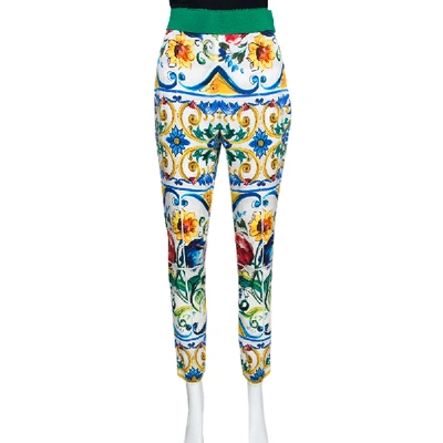 Pre-owned Dolce & Gabbana Majolica Printed Silk Elasticized Waist Skinny Pants L In Multicolor