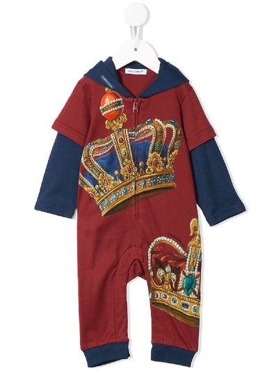 Shop Dolce & Gabbana Crown Print Zipped Babygrow In Red