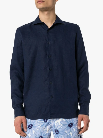 Shop Orlebar Brown Giles Linen Long Sleeve Shirt In Blue