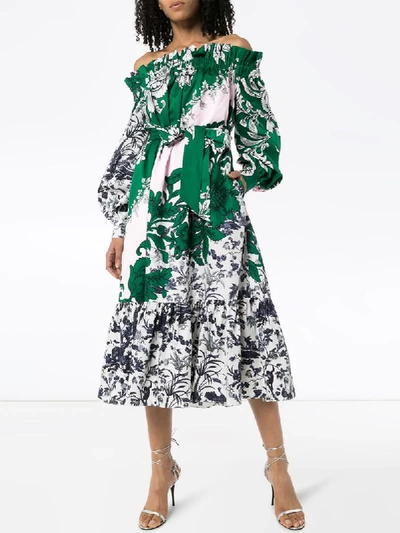 Shop Erdem Brigide Off-the-shoulder Floral Dress In Green