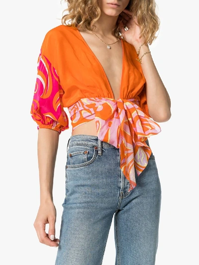 Shop Emilio Pucci Abstract Print Tie Blouse In Orange