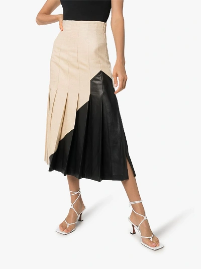 Shop Joseph Saar Pleated Leather Midi Skirt In Neutrals