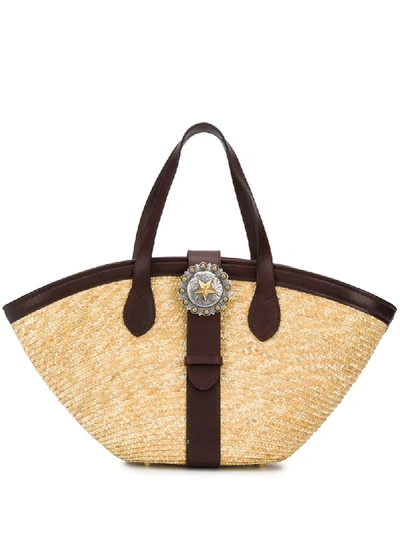 Shop Kate Cate Woven Star Buckle Tote Bag In Neutrals
