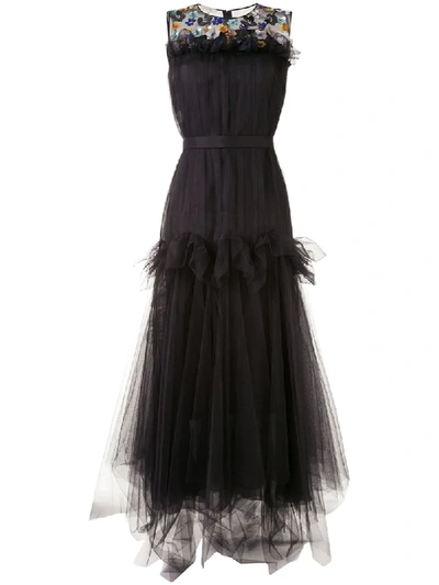 Shop Delpozo Floral-embellished Tulle Gown In Black