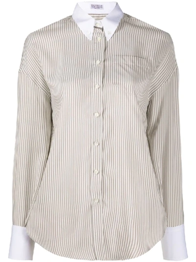 Shop Brunello Cucinelli Contrast Collar Striped Silk Shirt In Neutrals