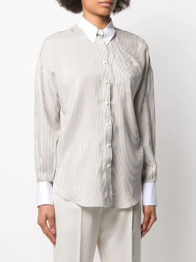 Shop Brunello Cucinelli Contrast Collar Striped Silk Shirt In Neutrals