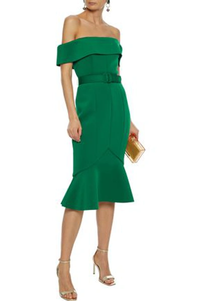 Shop Badgley Mischka Off-the-shoulder Belted Scuba Dress In Green