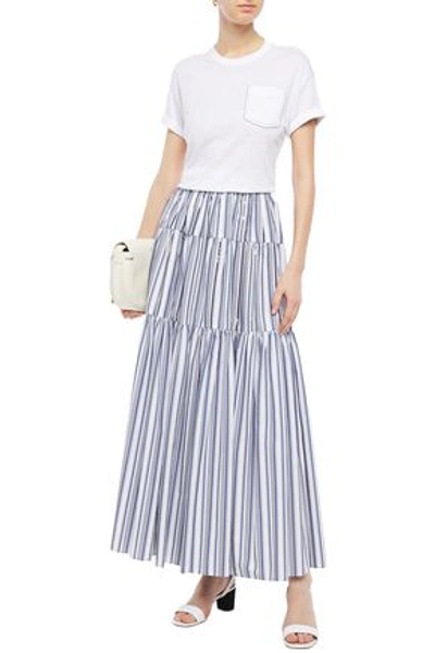 Shop Brunello Cucinelli Gathered Sequin-embellished Striped Cotton-poplin Maxi Skirt In White