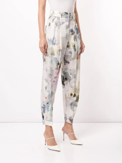 Shop Agnona Floral-print Belted Trousers In White