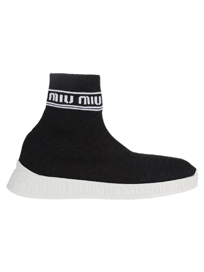 Shop Miu Miu Miu Run Knit High Top Sneakers In Black + White