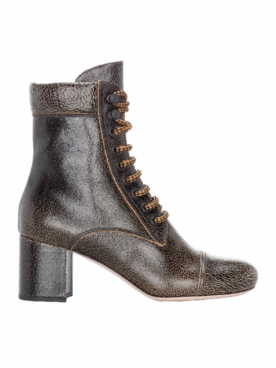 Shop Miu Miu Leather Cracked Laced Boots In Ebano