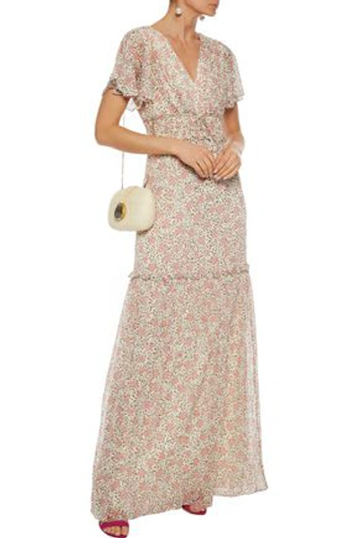 Shop Mikael Aghal Shirred Floral-print Georgette Maxi Dress In Beige