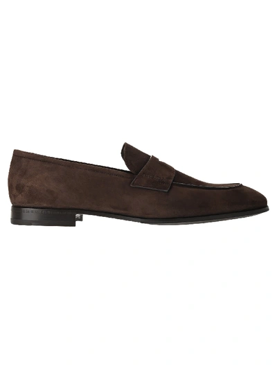 Shop Prada Suede Penny Loafers In Brown