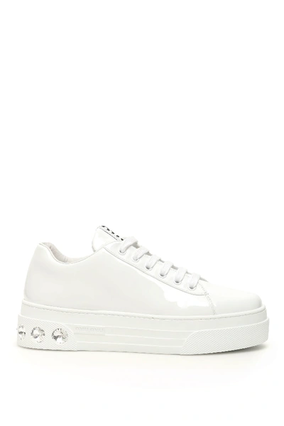 Shop Miu Miu Crystal Patent Sneakers In Bianco (white)