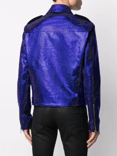 Shop Balmain Rhinestone-embellished Biker Jacket In Blue