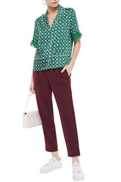 Shop Sandro Hena Guipure Lace-trimmed Printed Satin-twill Shirt In Green