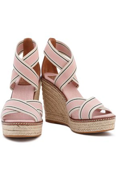 Shop Tory Burch Leather-trimmed Striped Grosgrain Wedge Espadrille Sandals In Blush