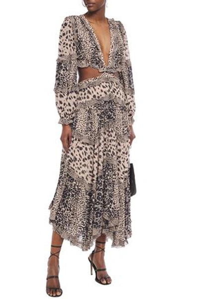 Shop Zimmermann Allia Cutout Lace-up Leopard-print Georgette Midi Dress In Animal Print