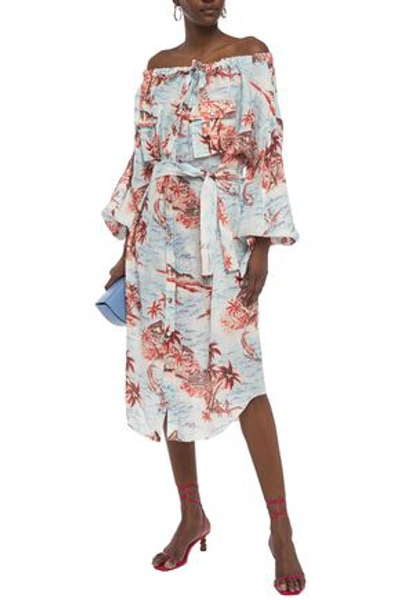 Shop Zimmermann Eyes On Summer Off-the-shoulder Printed Cotton And Linen-blend Dress In Light Blue