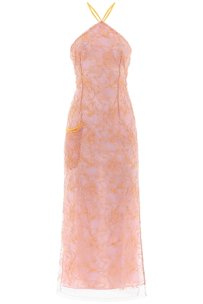 Shop Jacquemus Embroidered Tulle Dress In Pink,orange