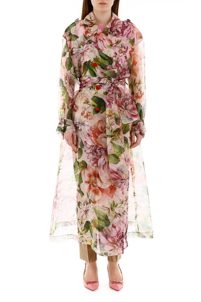 Shop Dolce & Gabbana Floral Organza Trench Coat In Pink,fuchsia,green