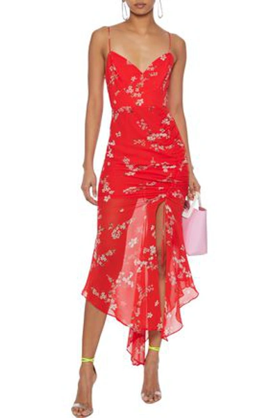 Shop Nicholas Asymmetric Ruched Printed Silk-chiffon Midi Slip Dress In Tomato Red