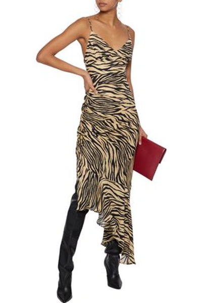 Shop Nicholas Asymmetric Ruched Printed Silk-chiffon Midi Slip Dress In Animal Print