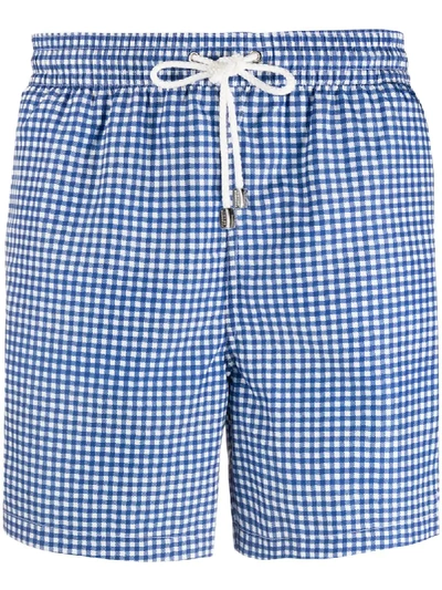 Shop Borrelli Drawstring Gingham Checked Print Swim Shorts In Blue