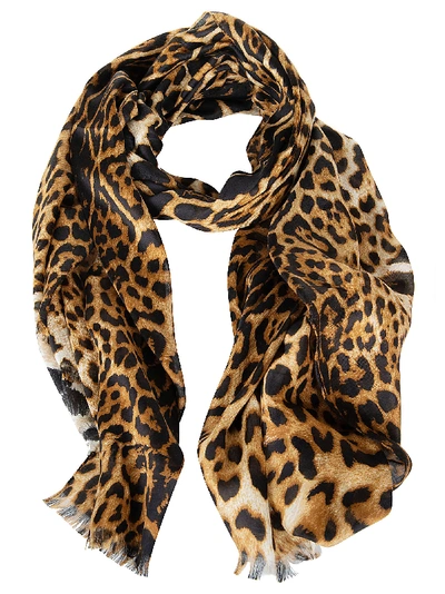 Saint Laurent Leopard Print Frayed Edge Scarf In Beigeblack