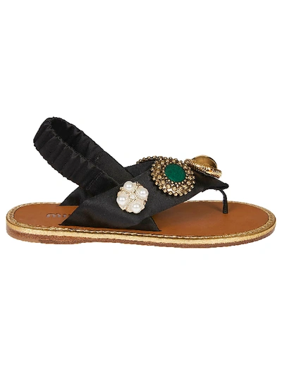 Shop Miu Miu Backstrap Embellished Sandals In Black/emerald