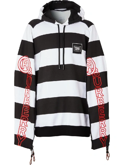 Shop Burberry Printed Logo Striped Hoodie In Black