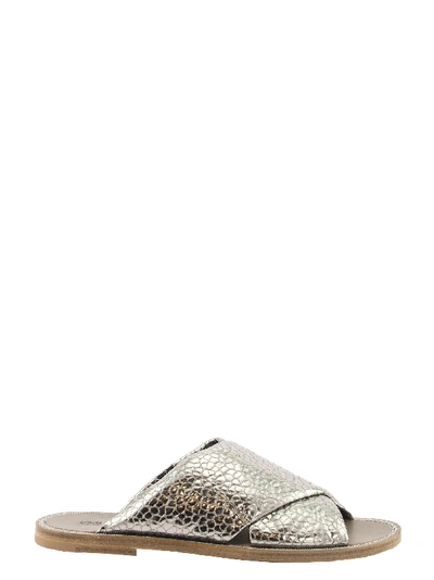 Shop Brunello Cucinelli Low Sandals Texture Lamé Calfskin Sandals With Precious Welt Inlay In Argento