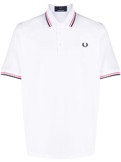 Shop Fred Perry Embroidered Logo Striped Pattern Polo Shirt In White