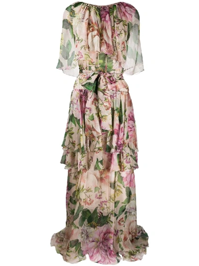 Shop Dolce & Gabbana Floral Print Draped Evening Dress In Neutrals