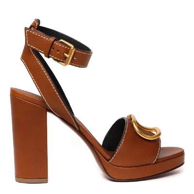 Shop Valentino Vlogo Brown Leather Sandal In Marrone Scuro