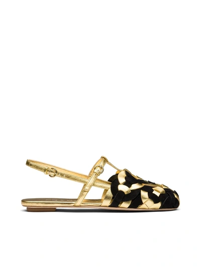 Shop Prada Woven Motif Flat Sandals In Black Gold