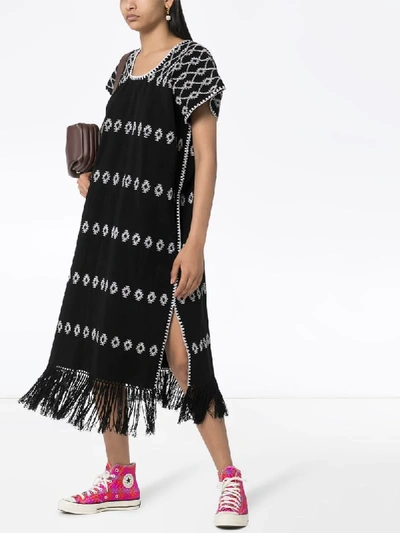 Shop Pippa Holt Embroidered Fringe-hem Kaftan Dress In Black