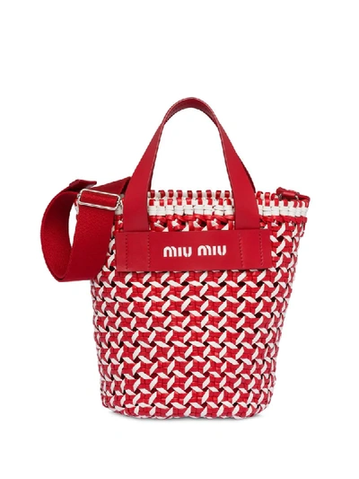 Shop Miu Miu Woven Bucket Bag In Red