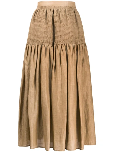 Shop Joseph Smocked Panel Midi Skirt In Brown