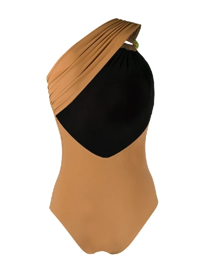 Shop Anjuna Gathered One-shoulder Swimsuit In Brown