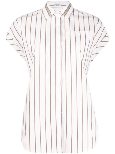 Shop Brunello Cucinelli Brass-embellished Striped Shirt In White