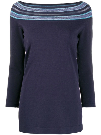 Shop D-exterior Striped-neck Long Sleeve Top In Blue