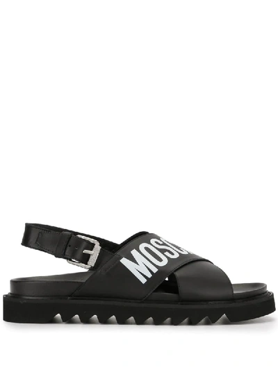 Shop Moschino Logo Print Sandals In Black